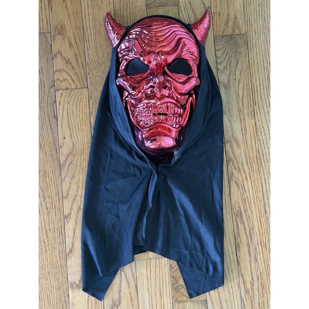 metallic red devil Halloween costume mask glossy attached black fabric hood